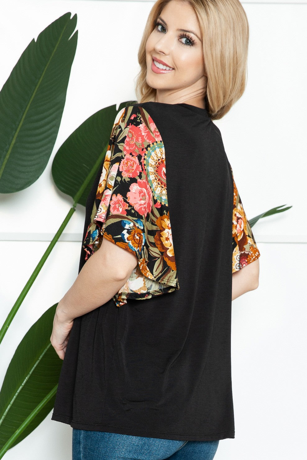 Solid Floral Contrast Sleeve Top