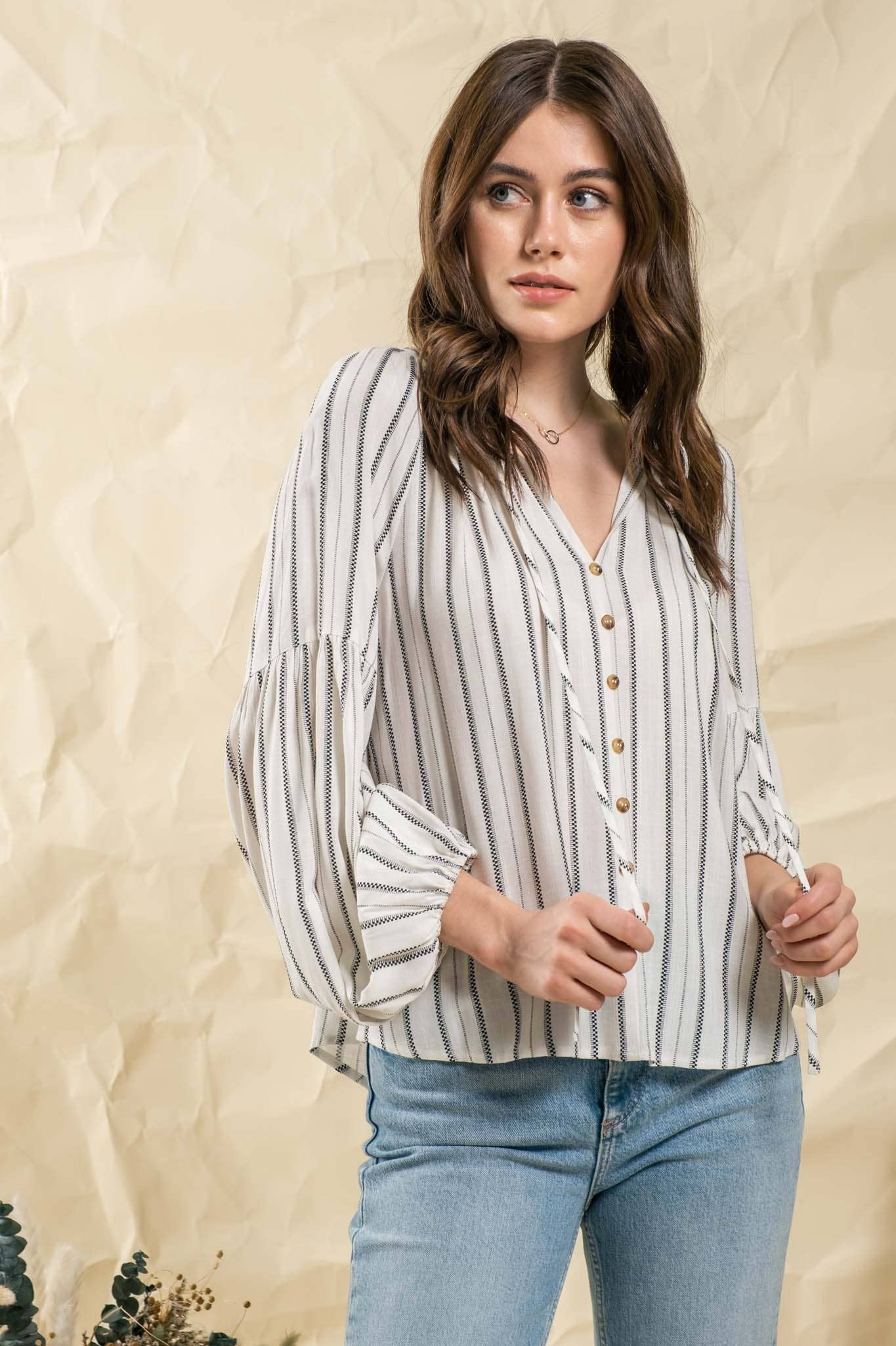Ivory Striped Peasant Top