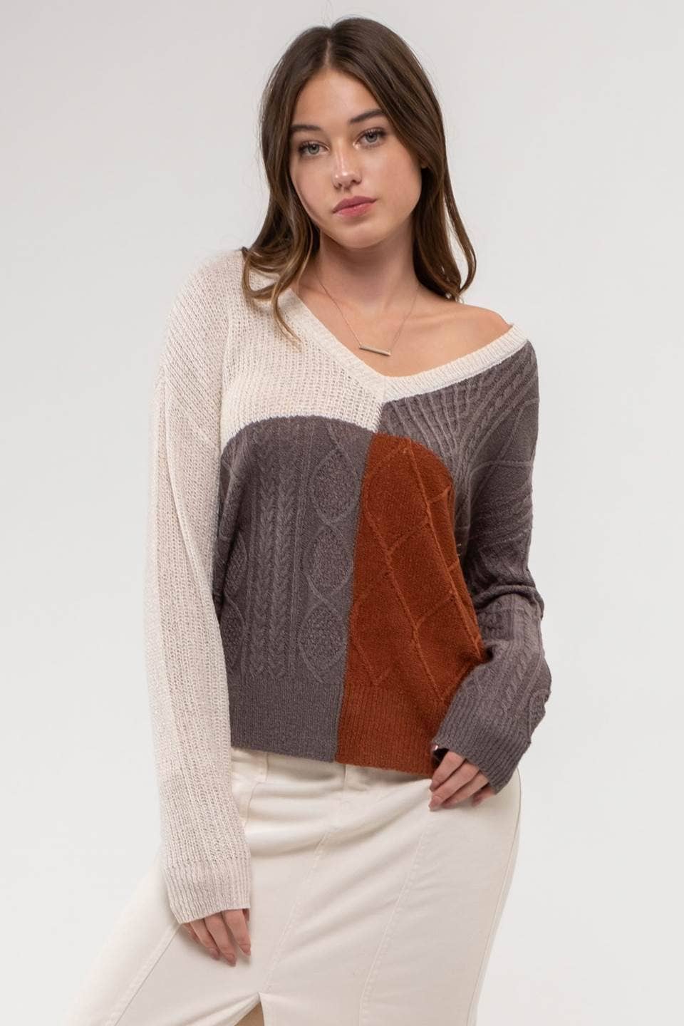 V-Neck Colorblock Knit Pullover