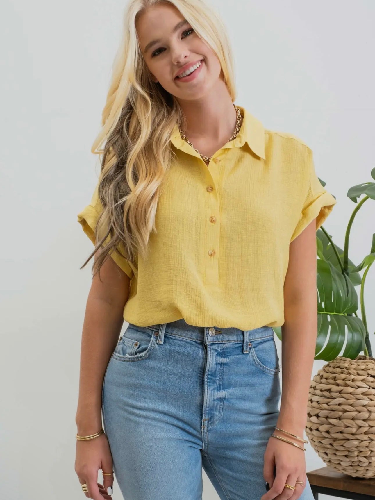 Dusty Yellow Mid Button Woven Top