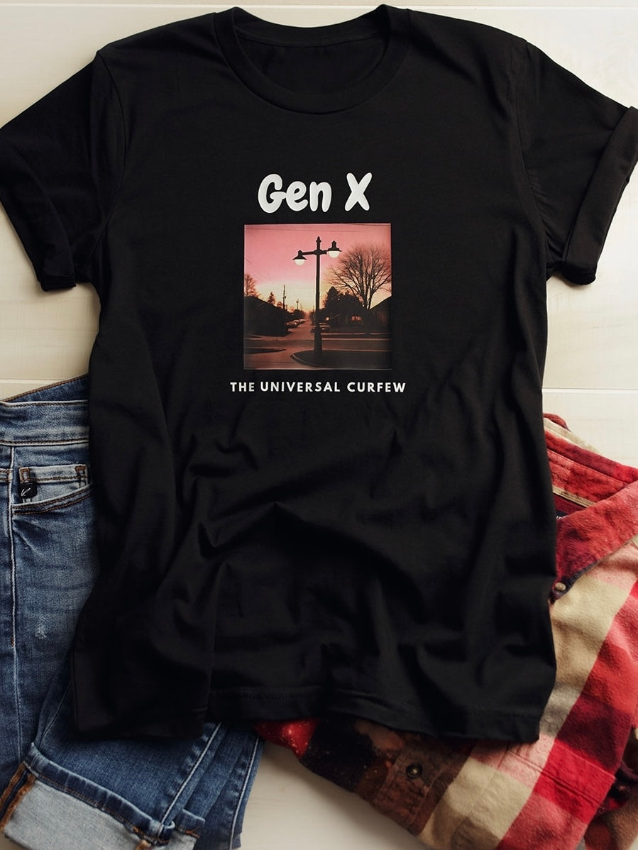 Black Tee with Gen X The Universal Curfew Printed on it and a photo of a streetlight at dusk.  Nostalgic Gen X TShirt.  Black Bella Canvas Tee.  Funny Gen X Tee.