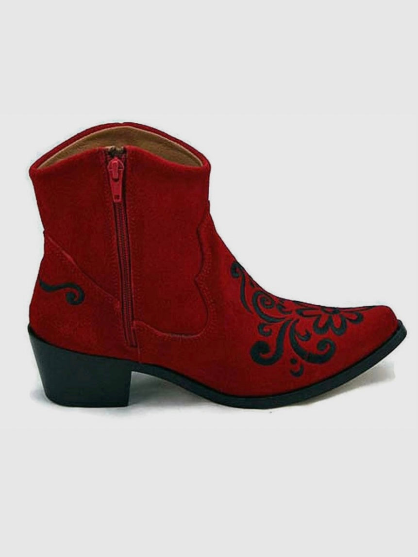 Red Embroidered Floral Cowgirl Ankle Boot