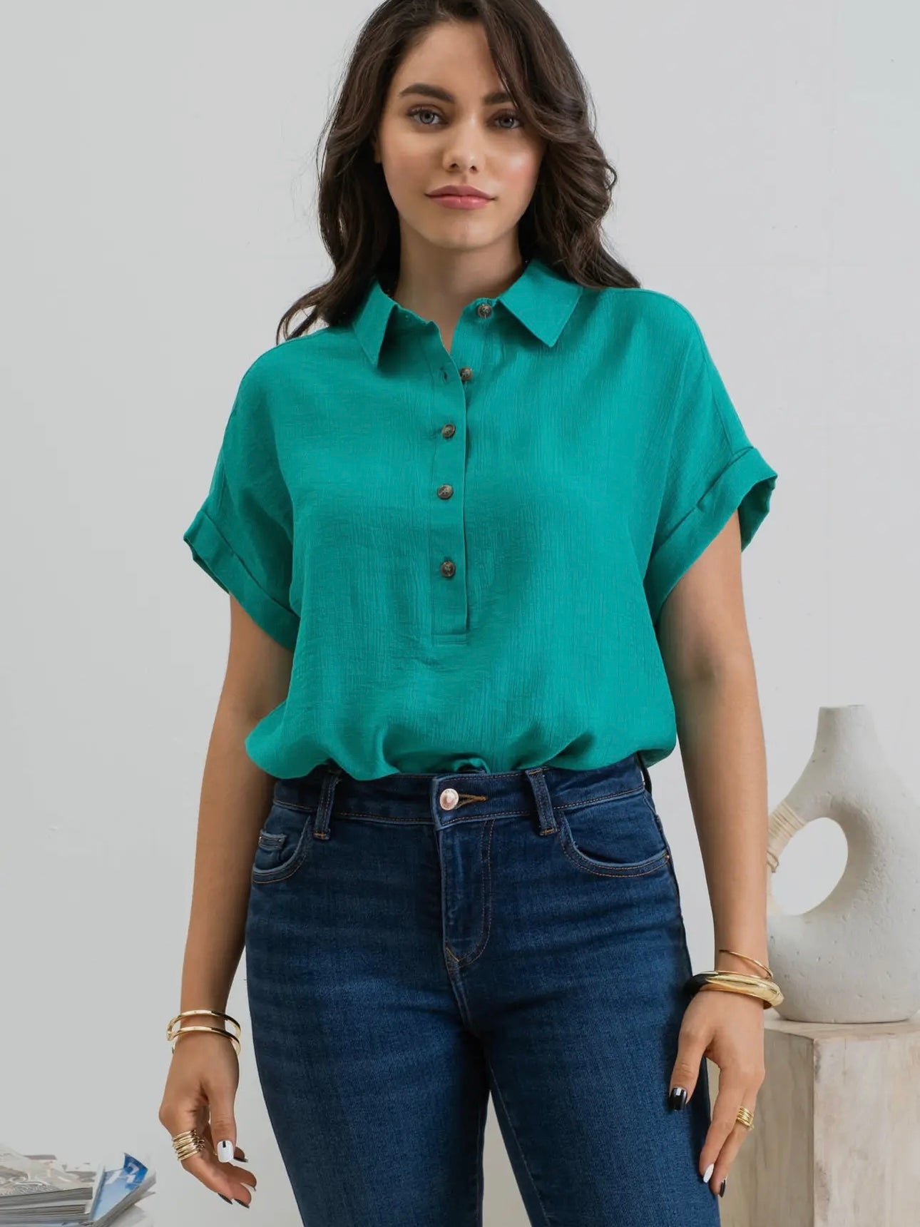 Kelly Green Mid Button Woven Top