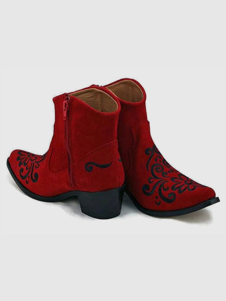 Red Embroidered Floral Cowgirl Ankle Boot