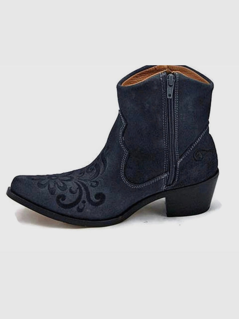 Black Embroidered Floral Cowgirl Ankle Boot