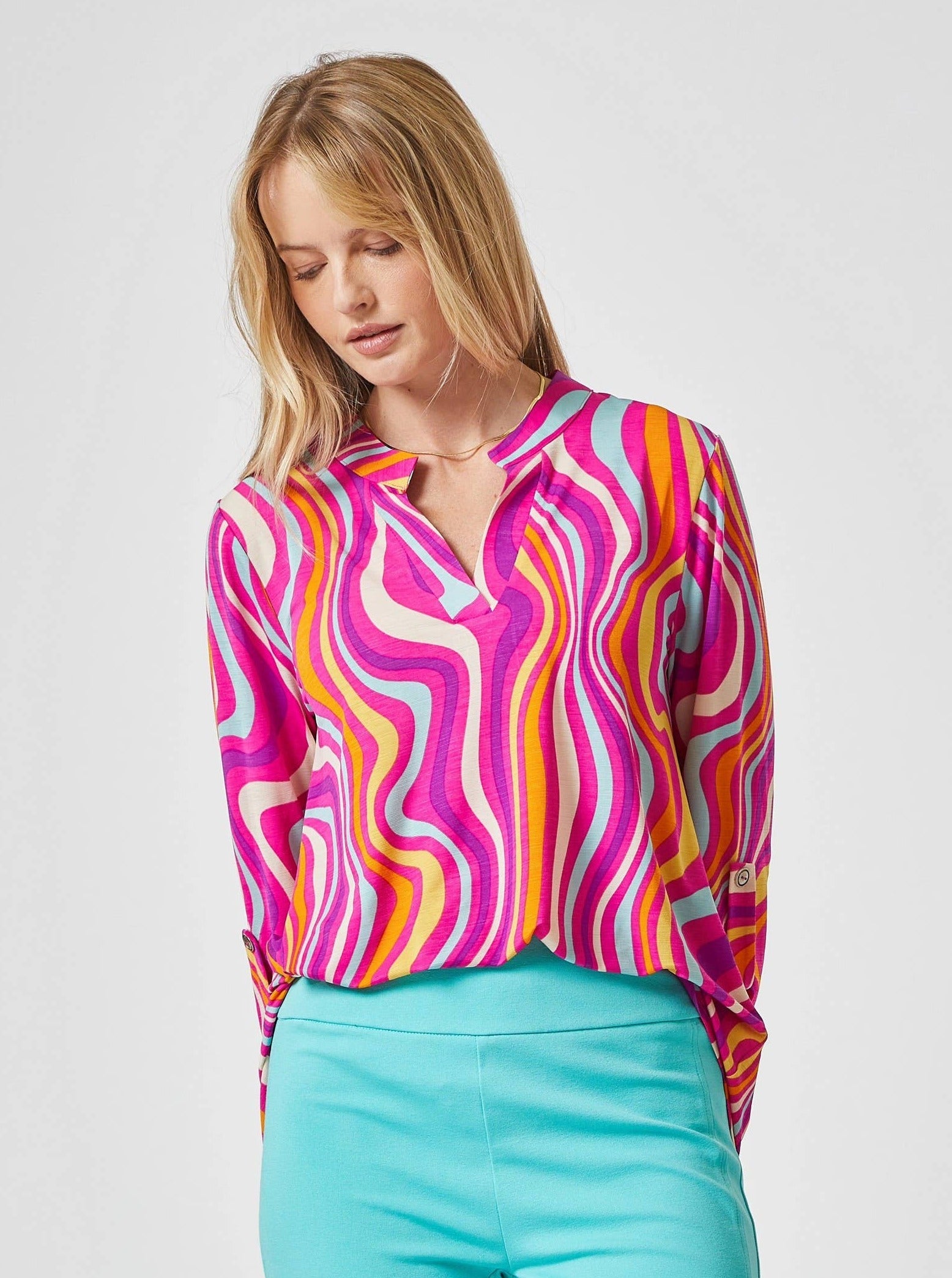 abstract 3/4 sleeve vibrant blouse top, pink, plum, orange wavy print blouse. Dear Scarlett Blouse