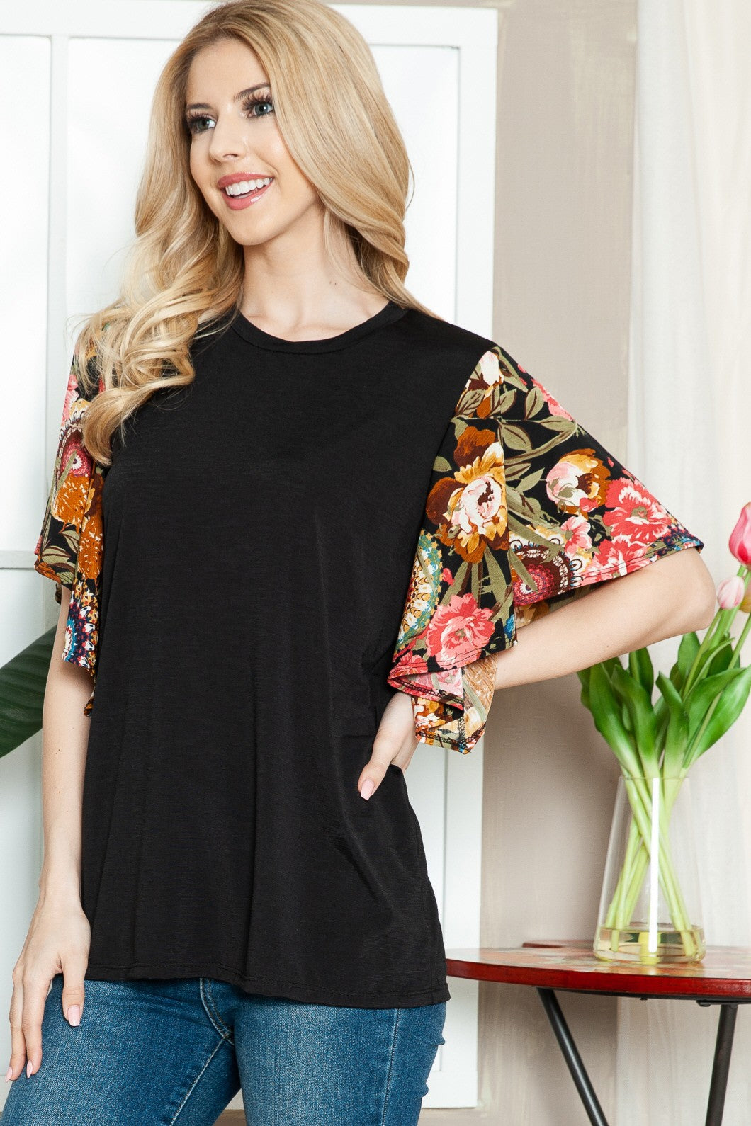 Solid Floral Contrast Sleeve Top
