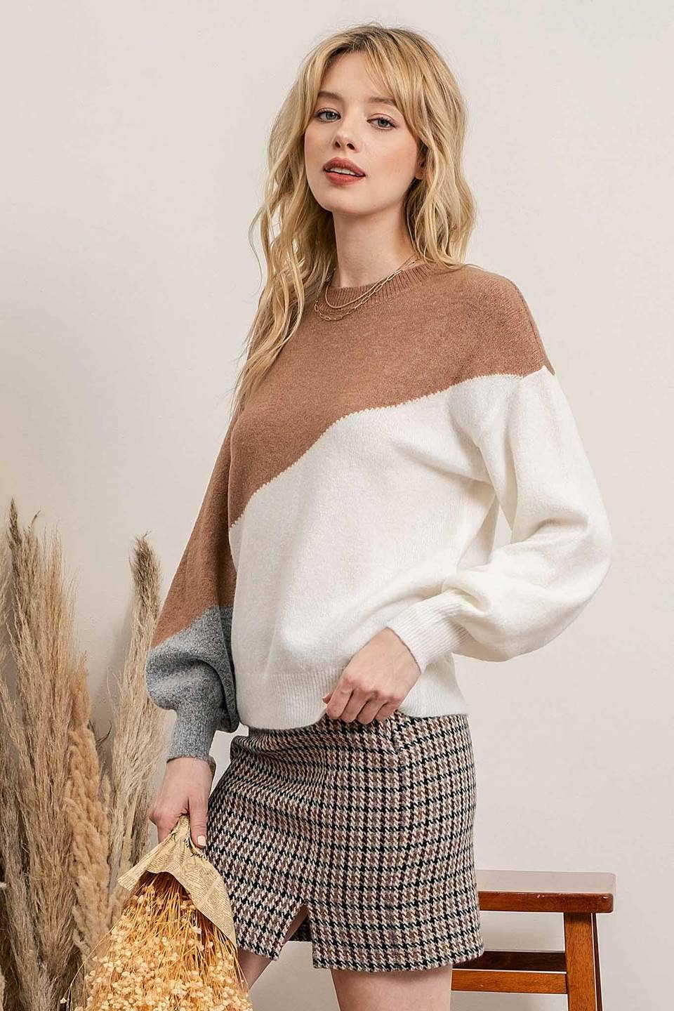 Khaki Asymmetrical Colorblock Sweater