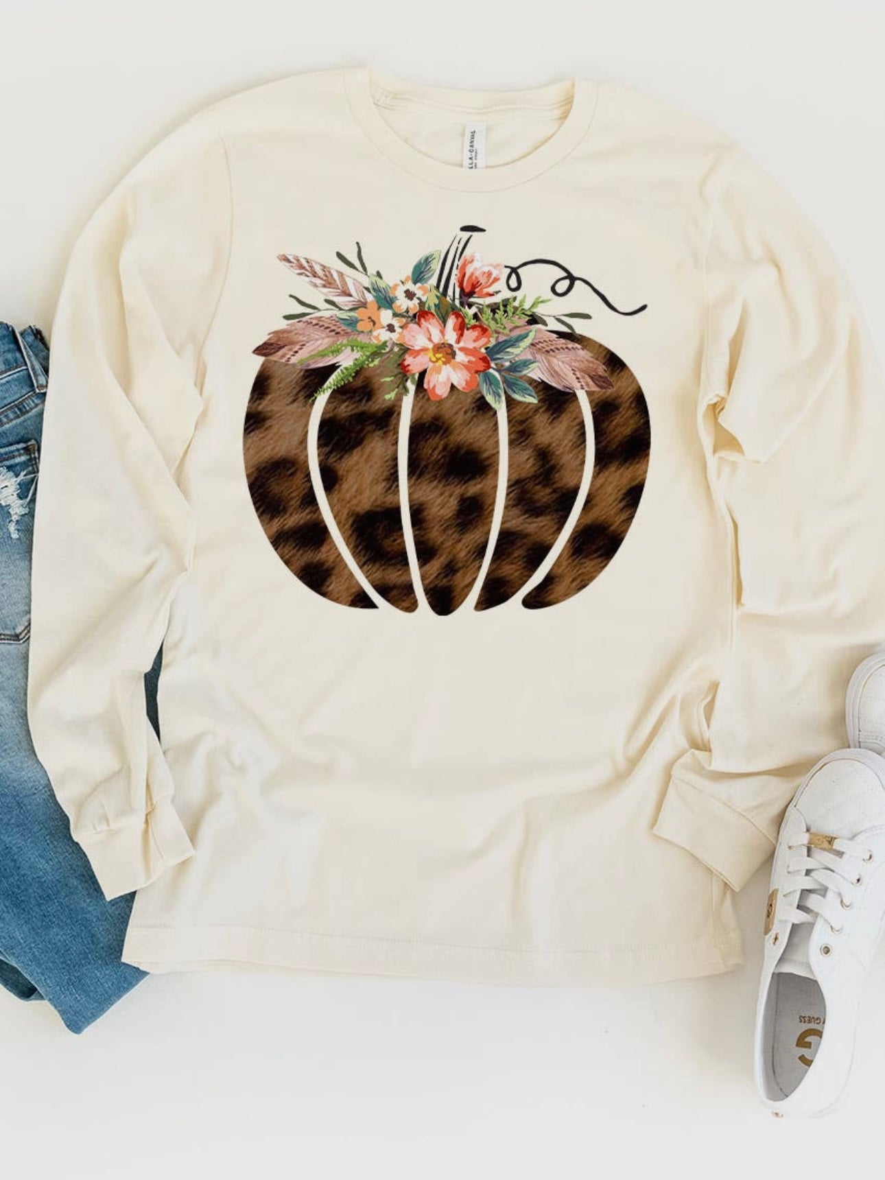 leopard print pumpkin and floral design long sleeve graphic tee