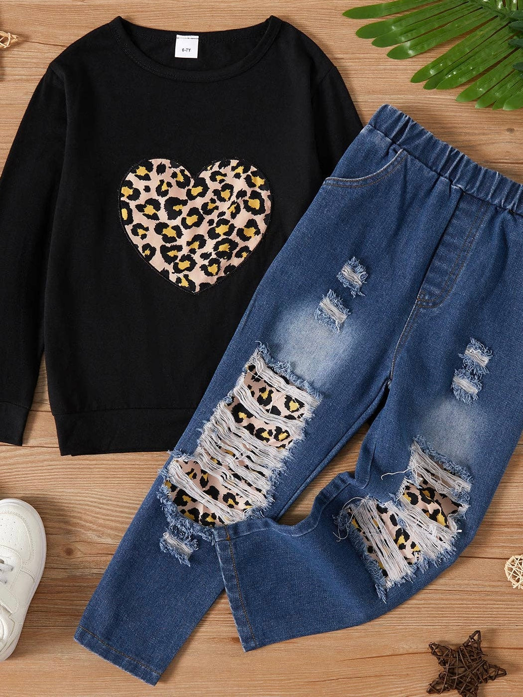 2 piece set long sleeve tee and jeans leopard print heart on tee and matching print showing through jeans rips